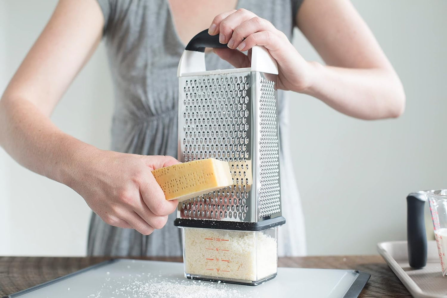 OXO Good Grips 4-Sided Box Grater for Cheese & Vegetables with Container | Stainless Steel Grating Surfaces, Non-Slip Handle, Detachable Container, Cheese, Vegetables, Zesting, Multi Purpose Grater