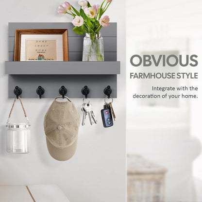 HONJIN Key Holder Wall Mount with Shelf and 5 Sturdy Key Hooks (White) | Key and Mail Holder Wall Mount, Wooden Entryway Organizer and Decorative, Easy Installation, 10*3.8*6.85 Inch