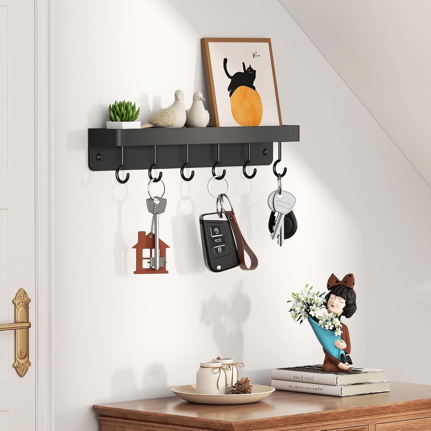 niffgaff Black Key Holder Wall Mount, Stainless Steel Self Adhesive Hooks Rack with Shelf, No Drill Key Hanger for Door and Wall