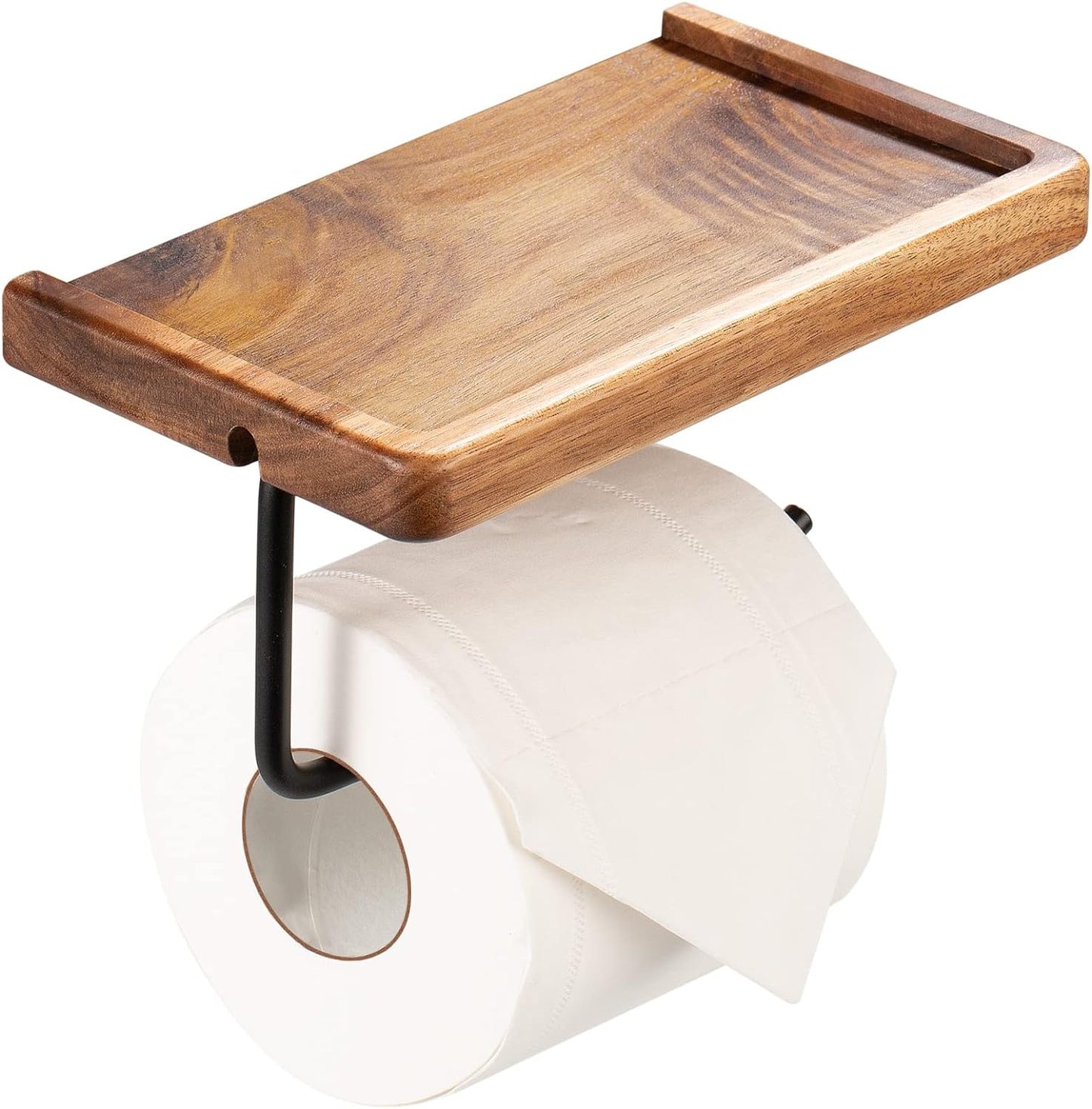 Toilet Paper Holder with Shelf: Wall Mount Bathroom Tissue Storage | Acacia Wood Shelf w/Adhesive/Screw - Matte Black Aluminum Alloy Bathroom Accessories Wood Shelf for Phone Wipes