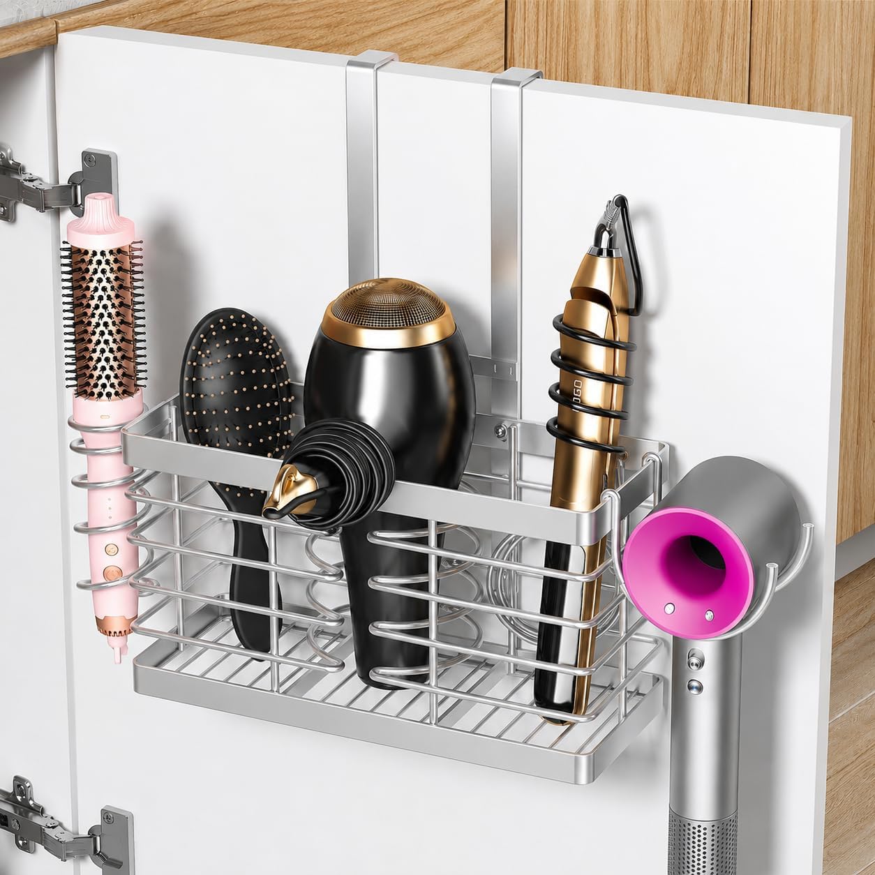 2026 Upgraded 3-in-1 Universal Hair Tool Organizer, XL Size, Black | Adjustable Height Metal Hair Dryer Holder, Wall Mounted, Over Cabinet Door, Countertop, Bathroom Storage