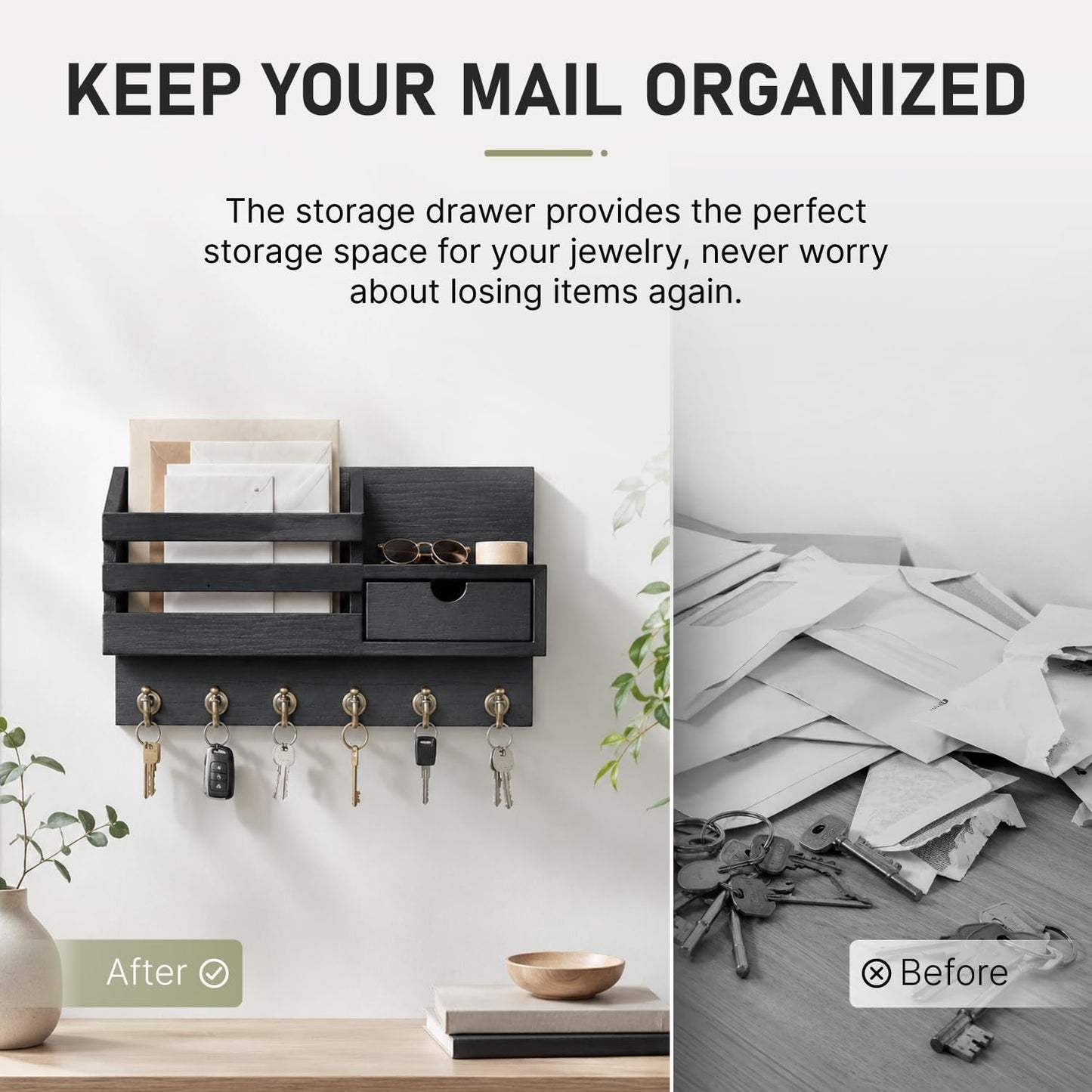 FifthQuarter Key and Mail Holder Wall Mount with Drawer and 6 Sturdy Hooks | Cute Rustic Farmhouse Wooden Key Hanger, Reliable Entryway Organizer for Keys and Daily Essential, Easy Installation, A-White