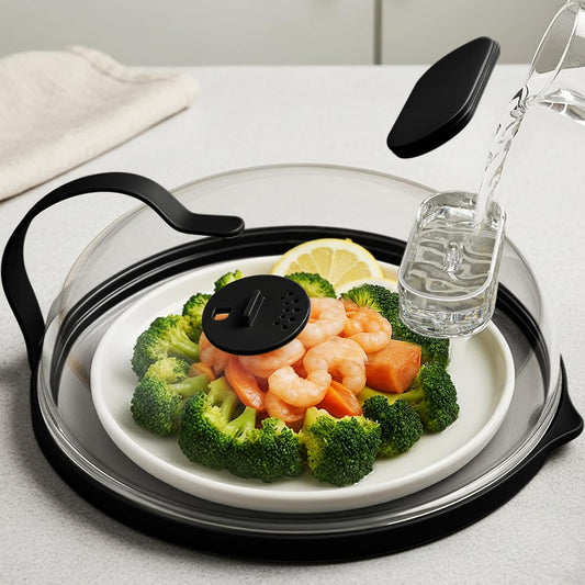 Microwave Splatter Cover with Water Steamer for Food - 10 Inch Steam Microwave Splatter Guard with Handle Plate Covers for Heating Food Splash Oven Lid with Built in Steamer