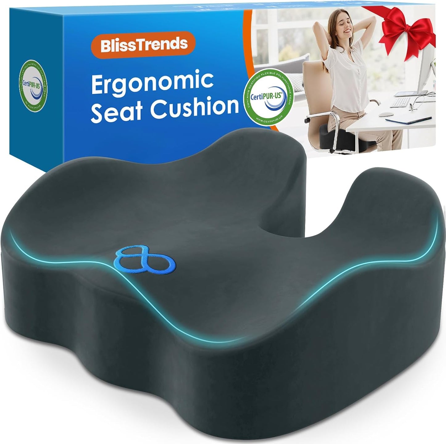 BlissTrends Memory Foam Seat Cushion for Office Chair & Car Seat, Black | 4.7in Ergonomic Tailbone & Sciatica Support with Removable Velvet Cover for Pressure Relief and Long Sitting Comfort