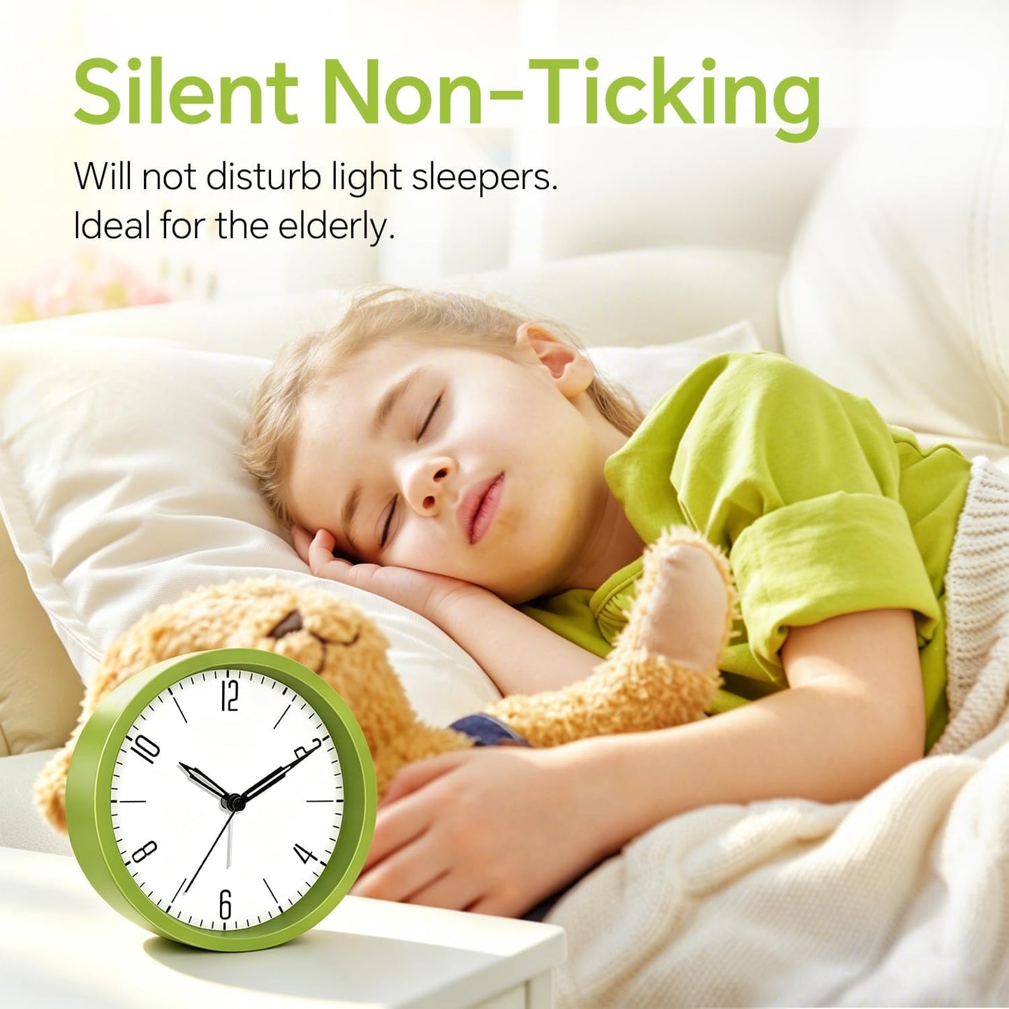 Silent Analog Loud Alarm Clock for Bedrooms, 4.5" Battery Operated Alarm Clock with Modern Round Design, Plastic Small Desk Clock for Heavy Sleepers Adults Teens Seniors College Dorms, Green
