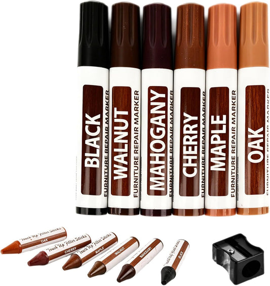 13 Pcs Furniture Touch-Up Markers Set, Wood Repair Kit, Marker and Wax Sticks with Sharpener, 6 Colors Furniture Markers Touch Up for Scratches Stains Bedposts Floors Tables Cabinets Desks