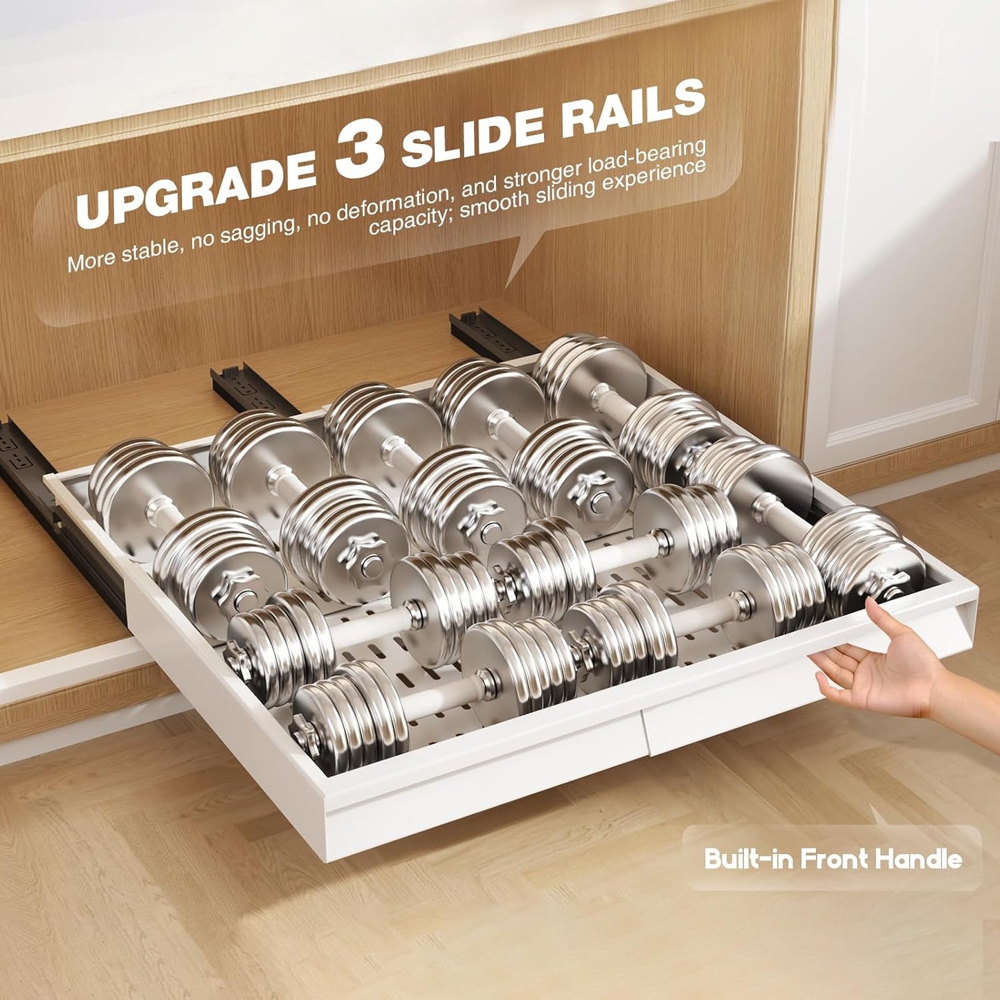 Seinloes Pull Out Cabinet Organizer, 4-Side Expandable to Fit Most Cabinets, 3 Rail Slide Out Drawers with Raising Pad for Framed & Frameless Cabinets, 13"-21" W x 17"-24" D, White, 2 Pack