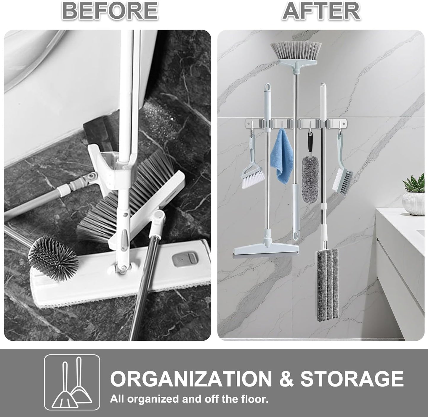 HANZENMA Broom Holder Wall Mount, Broom Organizer Wall Mount Stainless Steel Broom and Mop Hanger Heavy Duty Storage Organization for Home Kitchen Garden Garage Room 5 Racks 4 Hooks