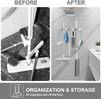 HANZENMA Broom Holder Wall Mount, Broom Organizer Wall Mount Stainless Steel Broom and Mop Hanger Heavy Duty Storage Organization for Home Kitchen Garden Garage Room 5 Racks 4 Hooks