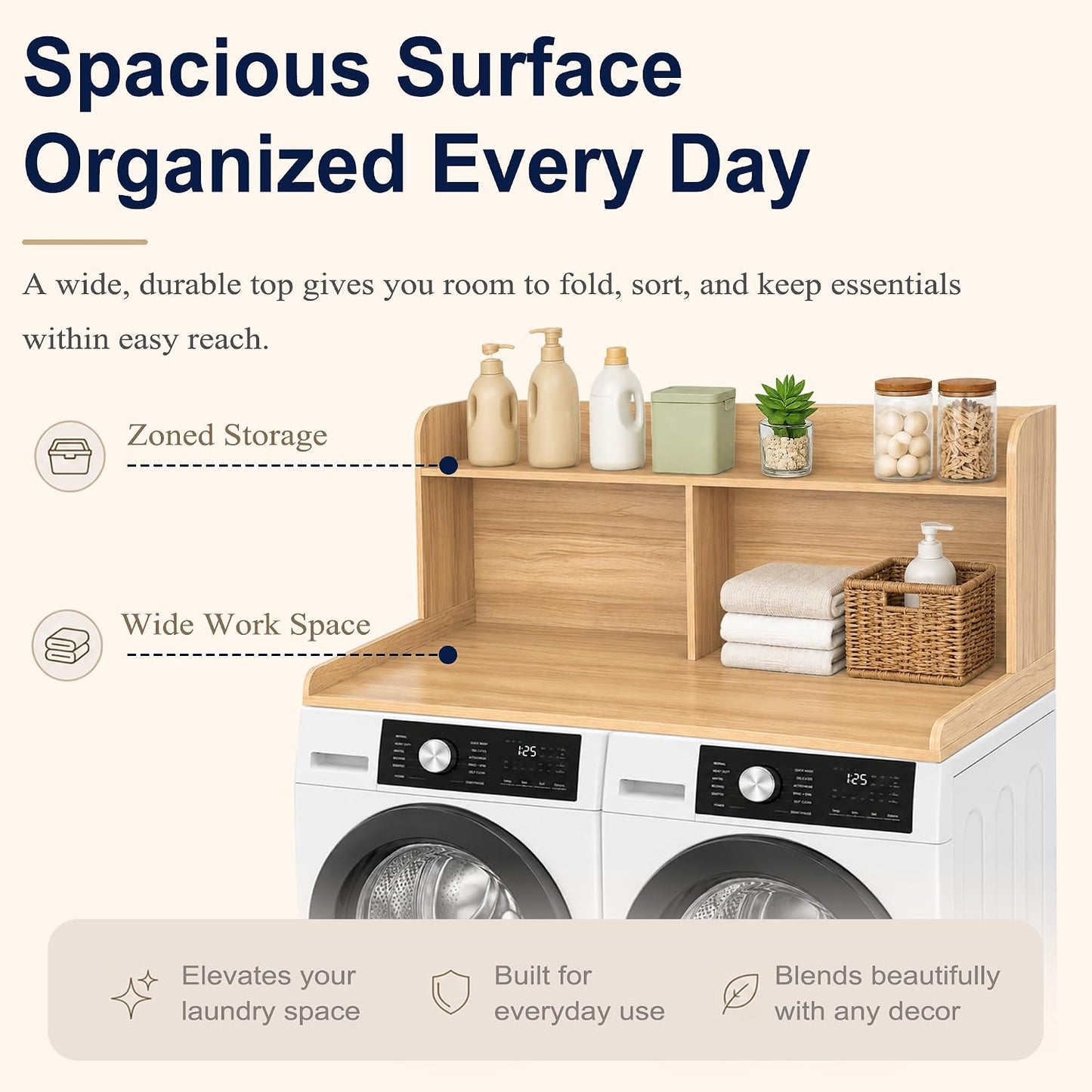 Royxen Washer Dryer Countertop with Extra Tall Shelf, 19" Height Washer and Dryer Topper, Laundry Countertop with Non-Slip Pads, Universal Fit for Laundry Room Organization, Walnut