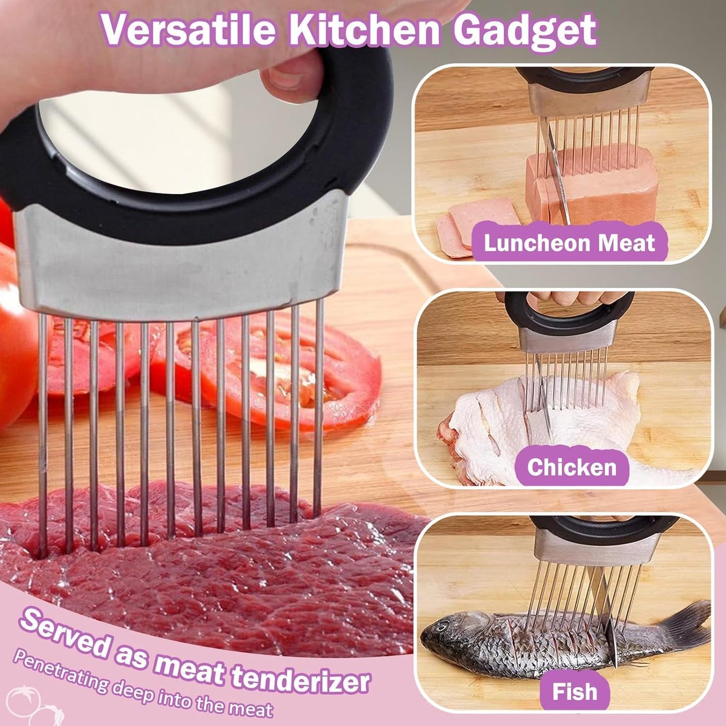 Onion Holder & Lemon Slicer Cutter Tool – Stainless Steel Vegetable & Fruit Slicing Assistant for Easy, Safe Cutting (Silver)