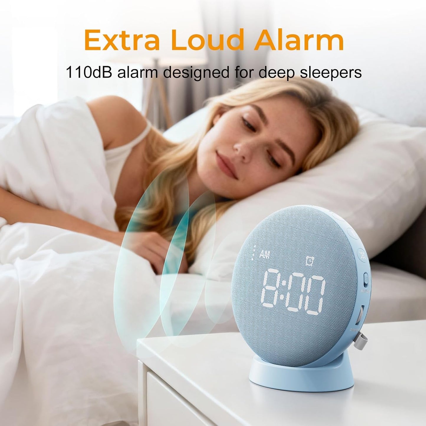 Gianna Loud Alarm Clock with Bed Shaker for Deep Sleepers and Everyday Use | Wake confidently with a powerful bed shaker, 111dB alarm and rechargeable battery for bedroom, dorm or travel