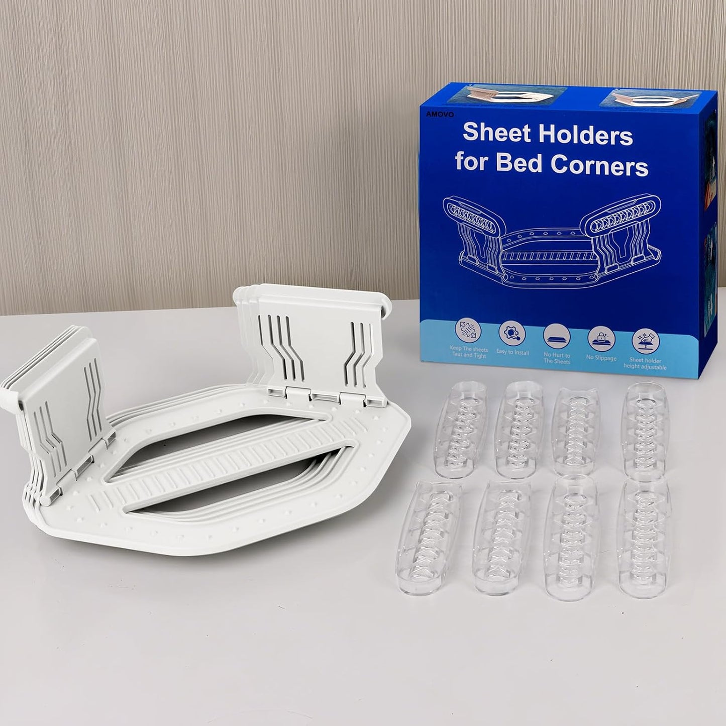AMOVO Bed Sheet Holders for Corners Keep Sheets in Place Firmly - Foldable Fitted Sheet Holders Heavy Duty Sheet Locks Mattress Sheet Fasteners, Set of 4 Lock Sheet Clips (Snow-White)