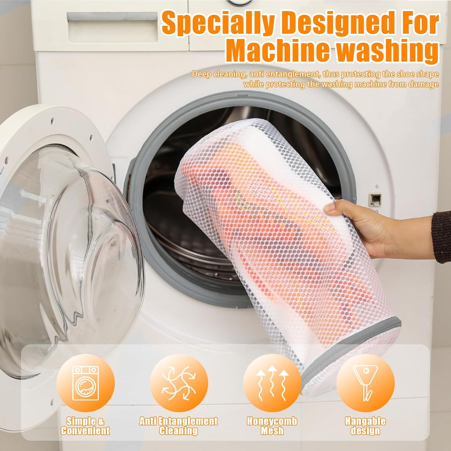 Shoe Washing Machine Bag, Laundry Bag for Sneakers, Orange, 7x15 | Bag to Wash Shoes in Washer and Dryer, for Tennis, Footwear, Trainers, Slippers, Prevent Tangling, Honeycomb Mesh