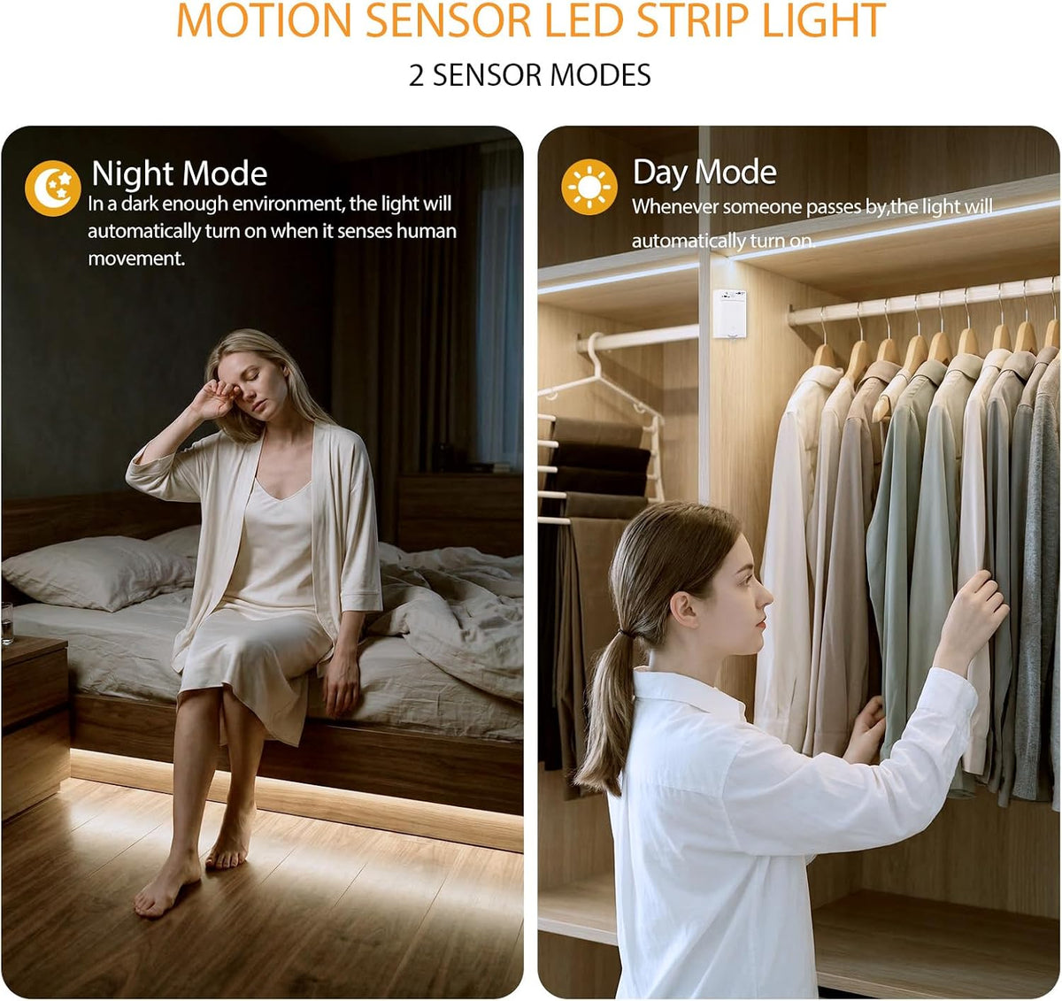 OMIKA Dual Sensor Stair Lights Indoor, Rechargeable 16.4ft LED Strip Light, 150 LEDs Double Motion Activated Under Bed Night Lights for Shelves, Stairway, Closet, Corridor, Bedroom, 6000K Cool White