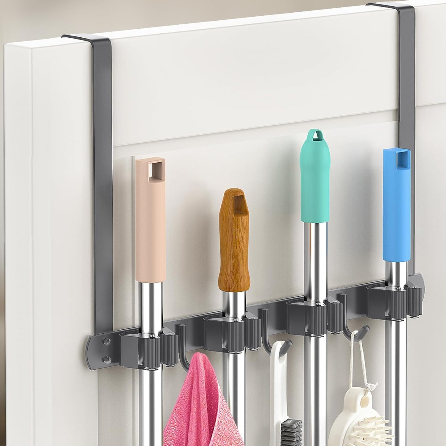 Broom Holder Over The Door with Hooks -304 Stainless Steel (Black) | Save Space, Anti-Rust & Sturdy, Mop and Broom Holder Wall Mounted or Hanging Over The Door, for Garage Laundry Kitchen