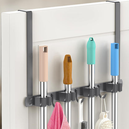Broom Holder Over The Door with Hooks -304 Stainless Steel (Black) | Save Space, Anti-Rust & Sturdy, Mop and Broom Holder Wall Mounted or Hanging Over The Door, for Garage Laundry Kitchen