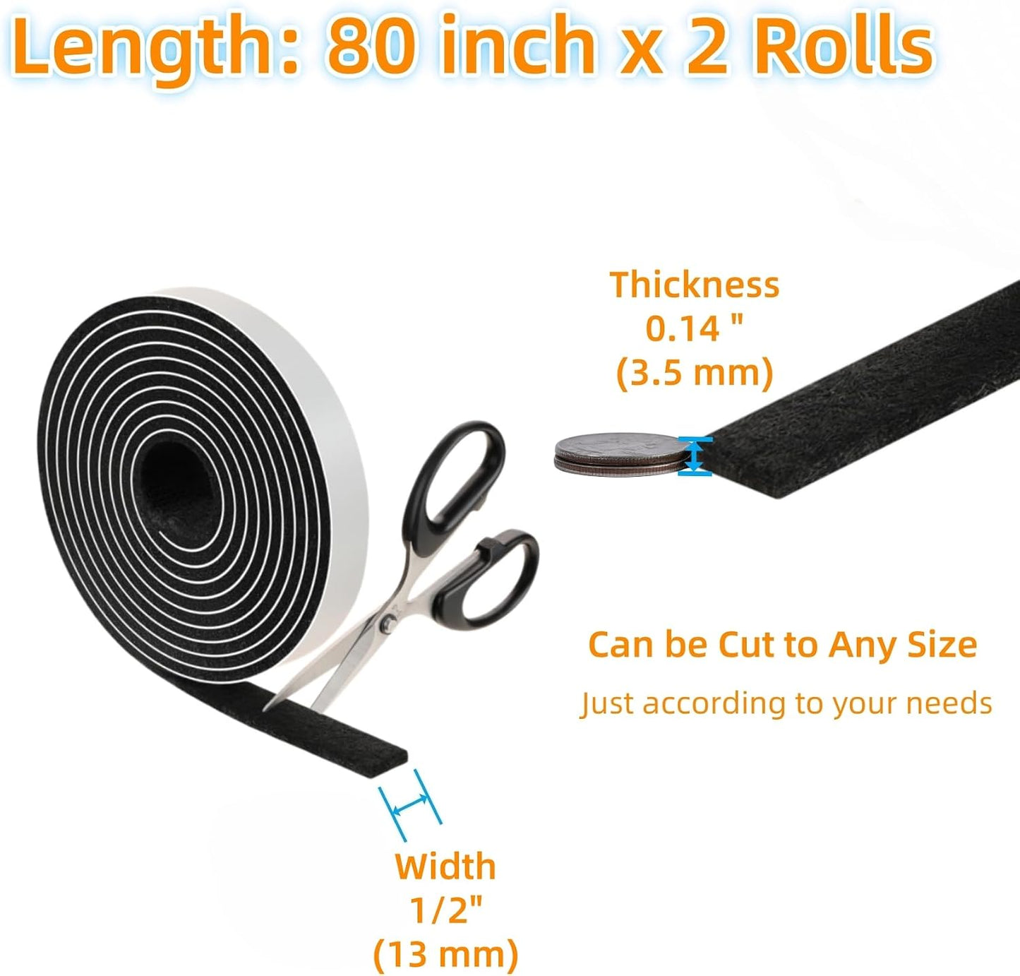 Felt Strips with Adhesive Backing Heavy Duty Cuttable Felt Tape Roll Furniture Pads for Chair Legs - Protecting Hardwood Floors, Chair Wall Protector (Black, 80 x 0.5 x 0.14 Inch)