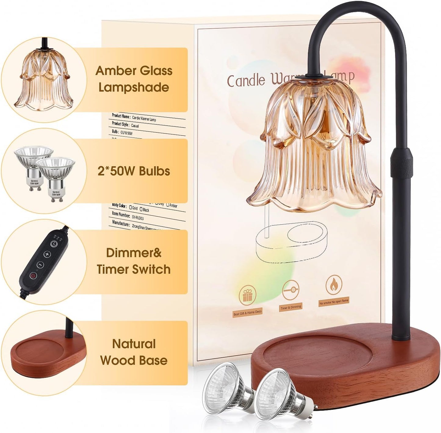 Candle Warmer Lamp Adjustable Timer - Electric Flower Glass Candles Light | Height Adjustable Dimmable Vintage Base Modern Wax Candles Jar Top Warmers Wax Melts Birthday Women Mom House Warming Gifts