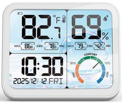 5.8'' Digital Indoor Thermometer Hygrometer, Temp Humidity Monitor & Clock | USB-C & Battery Powered, Large Backlit Display, Calibratable Readings, Max & Min Records, Comfort Level, Date & Time Display