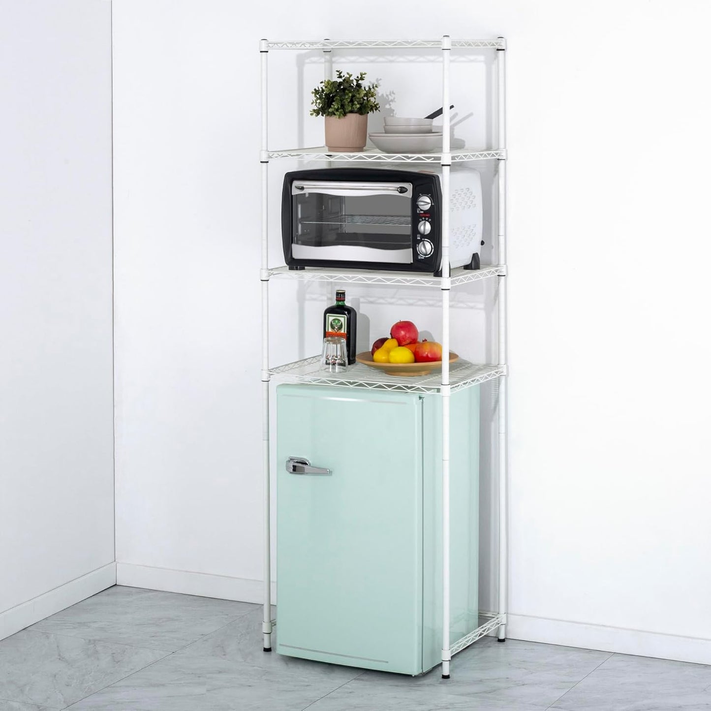 Zvyteay 4 Tier Mini Fridge Shelf Adjustable Height Storage Shelf Metal Storage Rack Mini Fridge and Microwave Stand for Dorm, Kitchen, Office, White