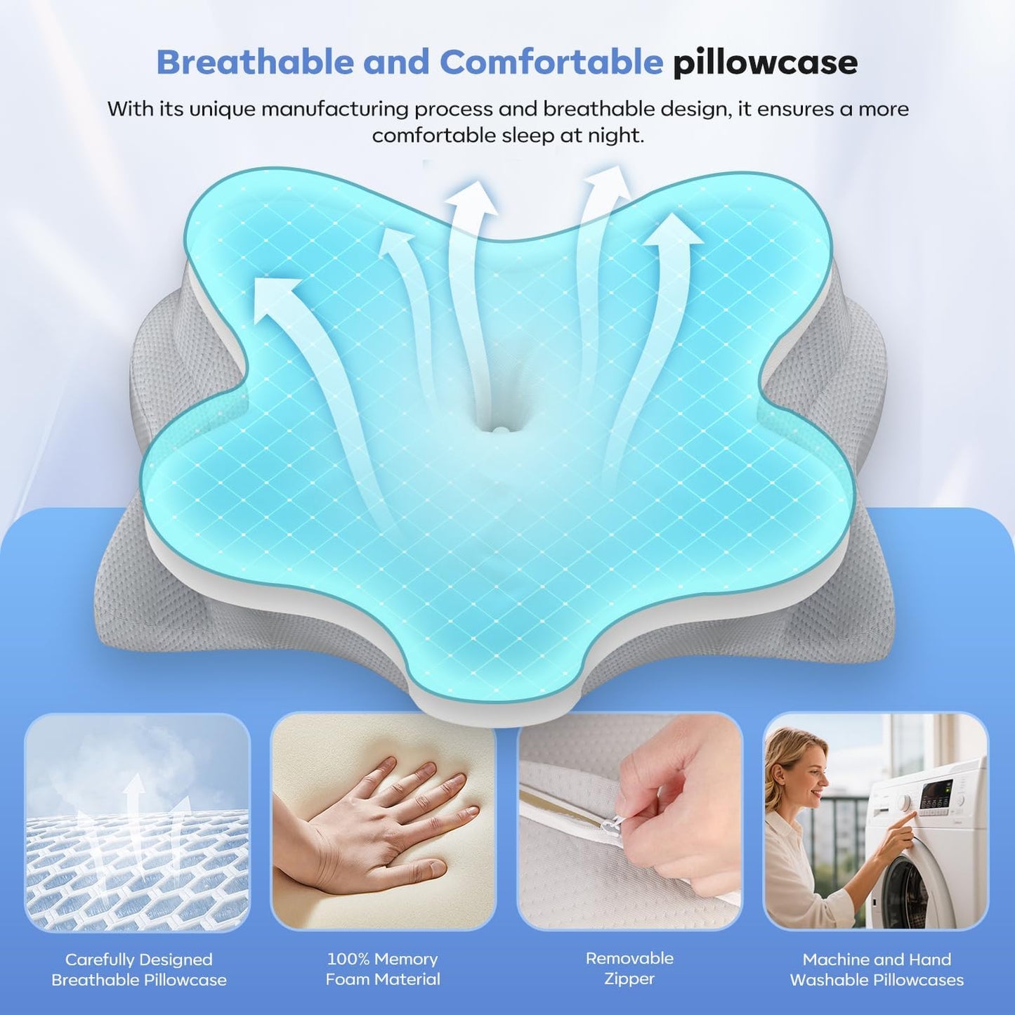 Ultra Comfort Ergonomic Cervical Pillow, Supportive Memory Foam Neck Pillow, Adjustable Height, Breathable Cover, for All Sleepers, No Odor