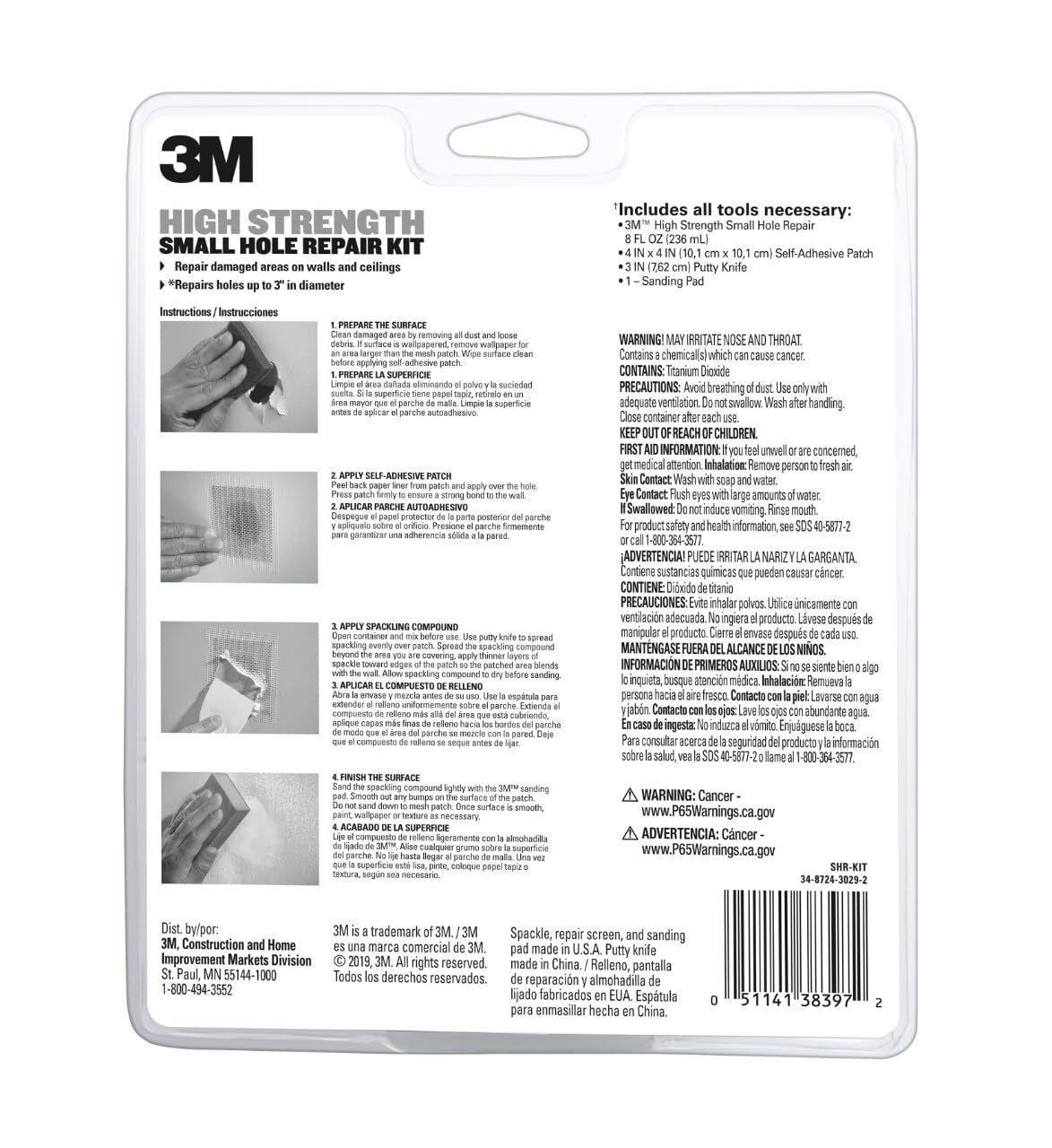 3M High Strength Small Hole Repair Kit | Wall Hole Repair Kit With Spackling Compound, Putty Knife, Repair Plate, And Fiber Tape, Good For Walls And Ceilings