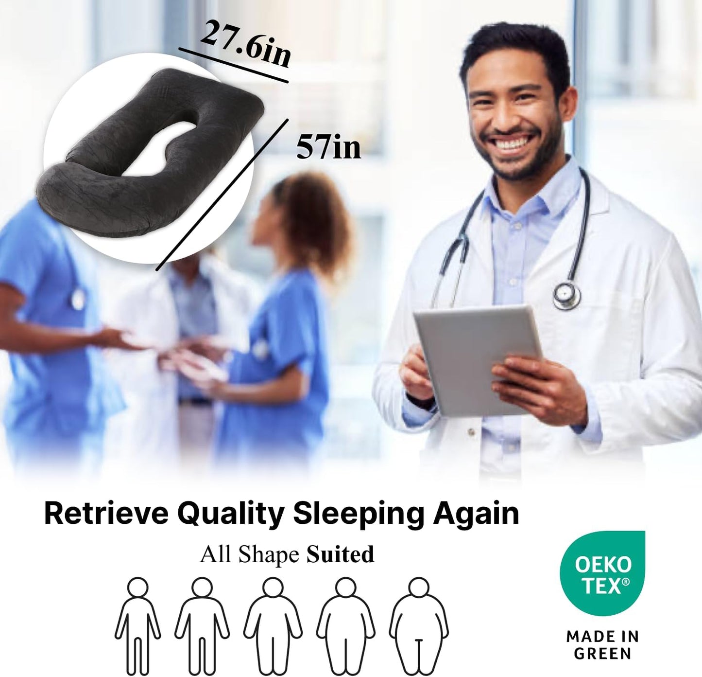ALLOPERA Pregnancy Pillows for Sleeping, 57-Inch U-Shaped Full Body Maternity Pillow with Adjustable Fill and Removable Washable Cover, Back, Belly, Hip and Leg Support for Pregnant Women, Black Grey