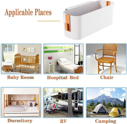 Bedside Hanging Caddy Hanging Storage Shelf Organizer Bed Organizer Basket Accessories with 2 Hooks for Baby Bed Rails Shelves Holder Dormitory College Dorm Room (White)