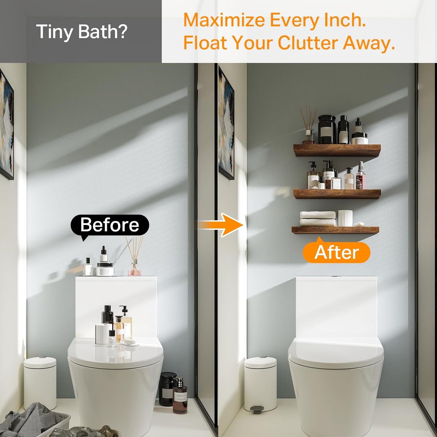 BAYKA Rustic Brown Floating Shelves 22.5in, Set of 2, Wall Mount Wood Shelf | Easy Install, 22lbs Max Load, Hidden Bracket, for Bathroom Bedroom Living Room or Kitchen, Hanging Shelf Book Decor Storage