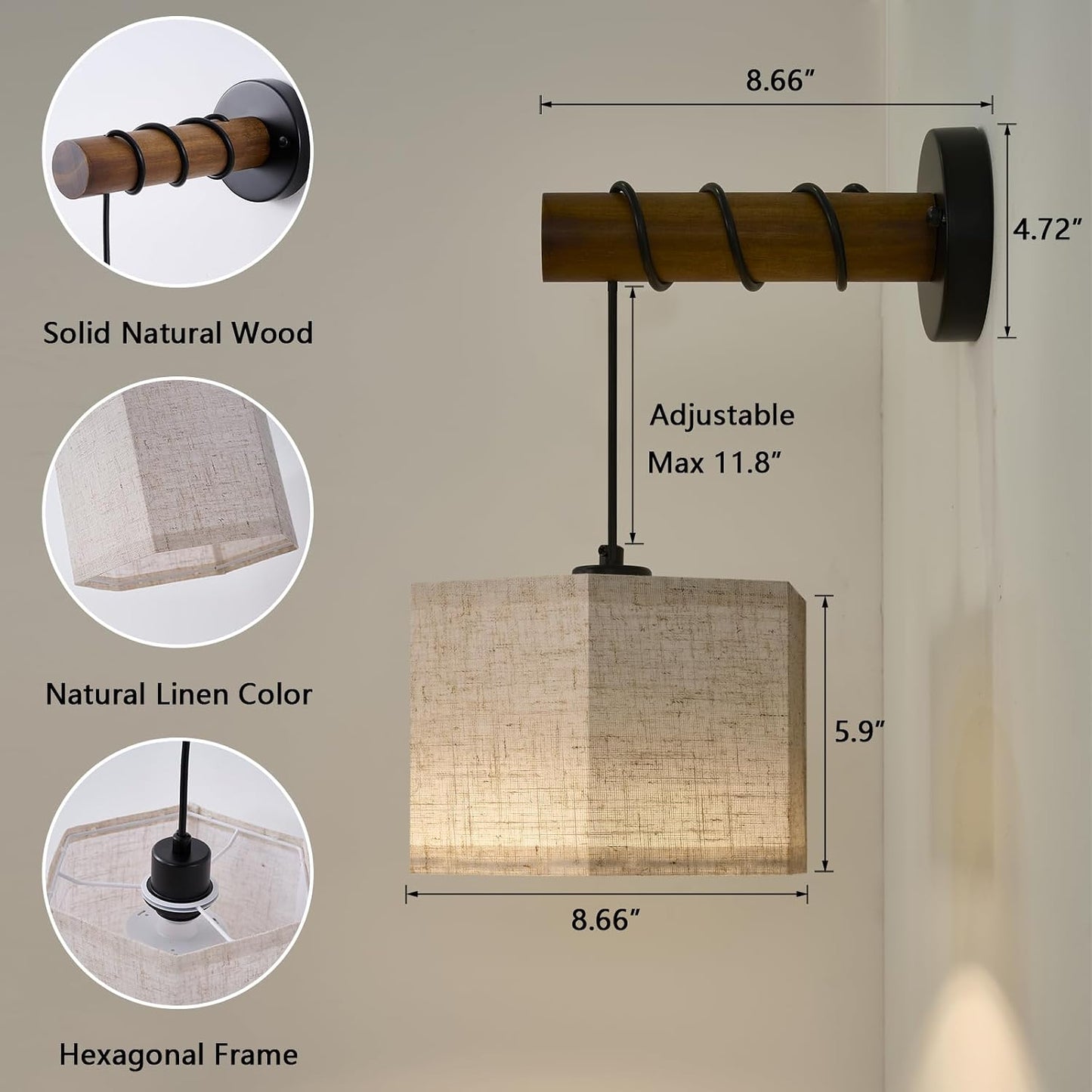 XSDeTu Battery Operated Wall Sconce with Remote, Rechargeable Battery Powered Wall Light, 3 Colors Dimmable Wall Mounted Lights, Adjustable Lamp for Bedroom Bedside, Wooden Arm, Fabric Shade, 2 Pcs