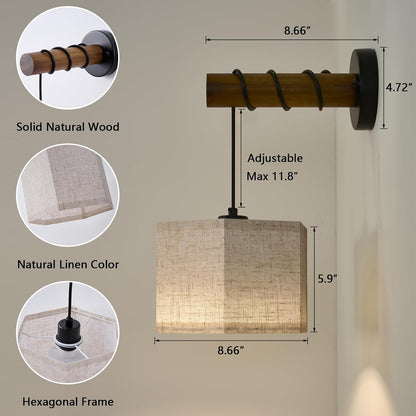 XSDeTu Battery Operated Wall Sconce with Remote, Rechargeable Battery Powered Wall Light, 3 Colors Dimmable Wall Mounted Lights, Adjustable Lamp for Bedroom Bedside, Wooden Arm, Fabric Shade, 2 Pcs