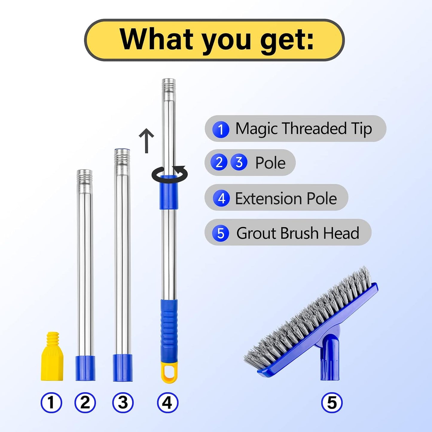 Grout & Scrub Brush Combo, Floor Scrubber with Long Handle, Multi-Purpose Stiff Bristles Cleaning Brush Set for Tile, Grout, Deck, Kitchen, Shower Floor (2 Pcs)