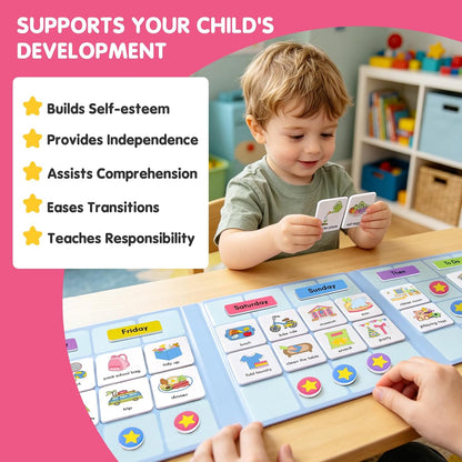 Large Visual Schedule for Kids Chore Reward Chart,Bedtime Routine Chart for Toddlers,Double Side Weekly Planner Board With 109 Cards for Home School Planner,Autism Learning Materials.