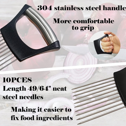 Onion Holder for Slicing - Multi-Purpose Kitchen Tool for Safe and Efficient Slicing of Onions, Tomatoes, Potatoes, Apples, and More | Stainless Steel Vegetable Cutter & Meat Tenderizer 2 PCS