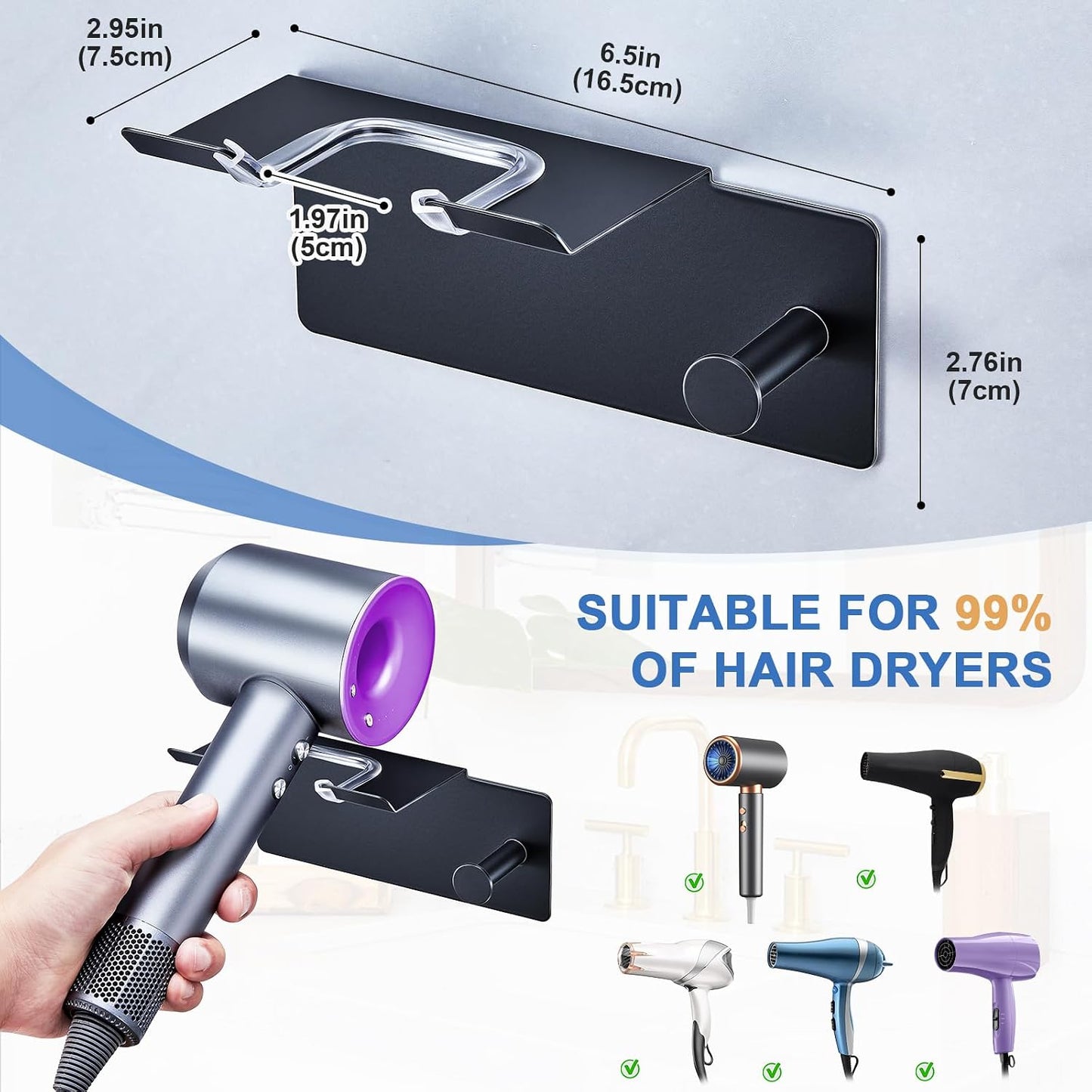 Hair Dryer Holder Wall Mounted, Blow Dryer Holder Adhesive, Metal Hairdryer Holder for Bathroom, Hair Tool Organizer with Plug&Cord for Cabinet Bathroom Bedroom Barber Shops (Rose Gold)