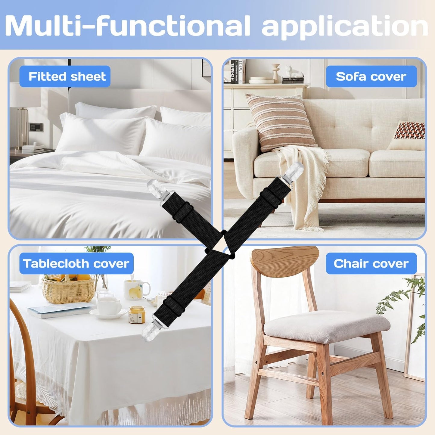 4PCS Bed Sheet Holder Straps,Heavy Duty Non Slip Sheet Clips,Bed Sheet Holder,Straps Fitted Sheet Holders for Corners,Easy to Install Adjustable Elastic Fastener (Black)