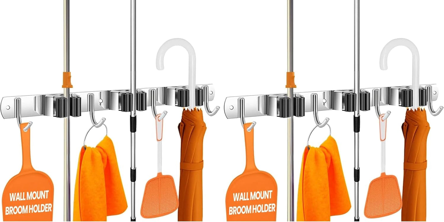 Mop and Broom Holder - Clear Cleaning Clutter and Reclaim Your Space | 5 Racks + 4 Hooks - Rust-Resistant Wall Organizer Holds Cleaning and Garden Tools Securely in Garages and Kitchens