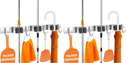 Mop and Broom Holder - Clear Cleaning Clutter and Reclaim Your Space | 5 Racks + 4 Hooks - Rust-Resistant Wall Organizer Holds Cleaning and Garden Tools Securely in Garages and Kitchens