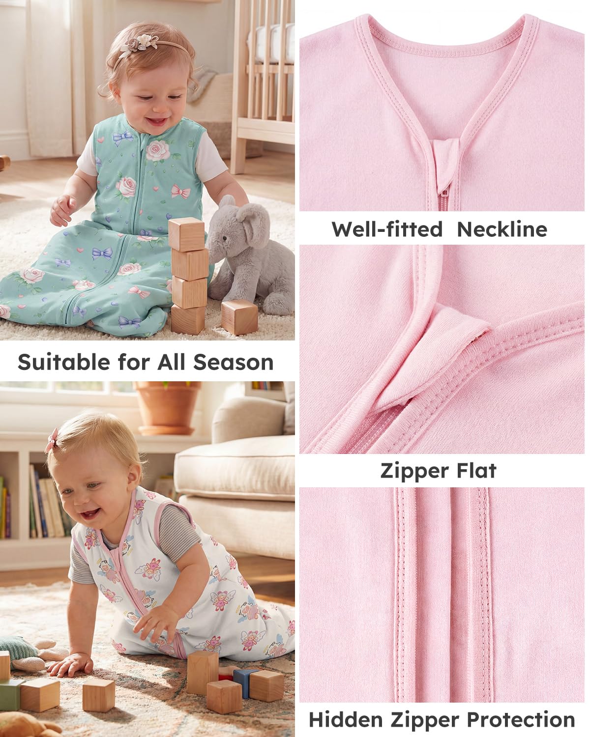 Yoofoss Baby Sleep Sack 0-6 Months Wearable Blanket for Babies 100% Organic Cotton 2-Way Zipper TOG 0.5 Toddler Sleeping Sack 3 Pack, Sleep Sacks