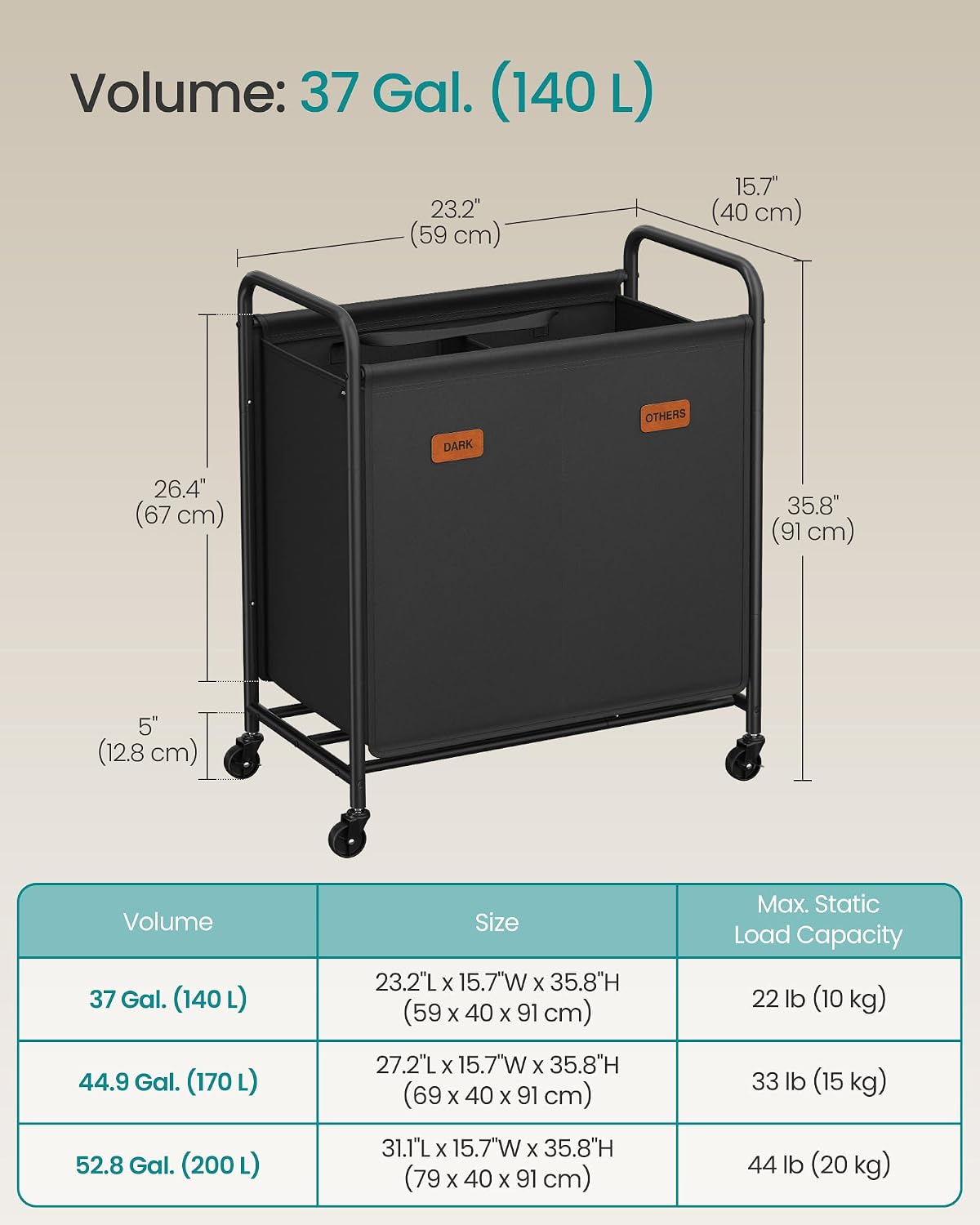 SONGMICS 2-Section Laundry Sorter, Laundry Hamper with Wheels, Rolling Clothes Hamper Cart with Large Capacity and Removable Bags, for Laundry Room, Bedroom, Bathroom, Ink Black URLS210B01 | Rolling Clothes Hamper Cart, Large Capacity, for Laundry Room,