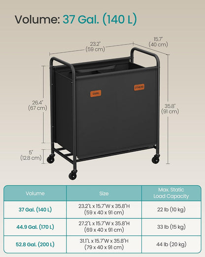 SONGMICS 2-Section Laundry Sorter, Laundry Hamper with Wheels, Rolling Clothes Hamper Cart with Large Capacity and Removable Bags, for Laundry Room, Bedroom, Bathroom, Ink Black URLS210B01 | Rolling Clothes Hamper Cart, Large Capacity, for Laundry Room,