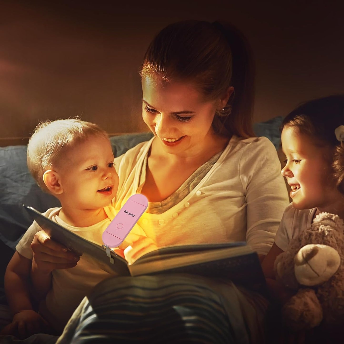 Akomid USB Rechargeable Book Light for Reading in Bed, 8 LEDs Bookmark Style Clip on, Eye-Cared Amber Light Mode for Kids, Blue Light Blocking, Stepless Dimming,Khaki