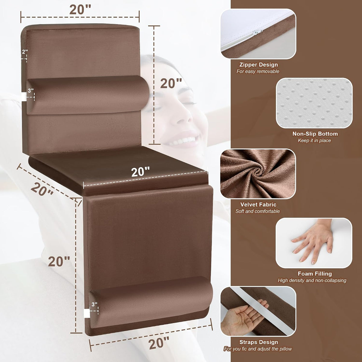 HOMBYS 5-in-1 Recliner Seat Cushion for Elderly+Lumbar Support Pillow + Leg Pad, with Adjustable Half Moon Neck Pillow & Footrest, Foam Filling with Velvet Fabric, Thick & Non-Slip, Brown