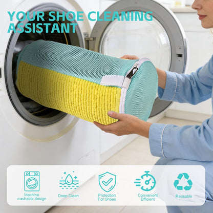 Shoe Washing Machine Bag Reusable Sneaker Washing Bag with Built-in Fluffy Brushes for 360° All-Around Cleaning, Laundry Shoe Bag is Designed for Washer and Dryer （Yellow 2pcs）