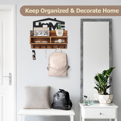 VIS'V Key Holder Wall Mount, Decorative Wood Mail and Key Organizer, White | Contains Iron Storage Basket, Small Shelf, 2 Compartments, 6 Hooks, for Entryway, Hallway, Doorway, Kitchen, Garage, RV