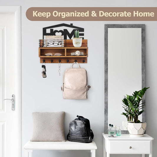 VIS'V Key Holder Wall Mount, Decorative Wood Mail and Key Organizer, White | Contains Iron Storage Basket, Small Shelf, 2 Compartments, 6 Hooks, for Entryway, Hallway, Doorway, Kitchen, Garage, RV