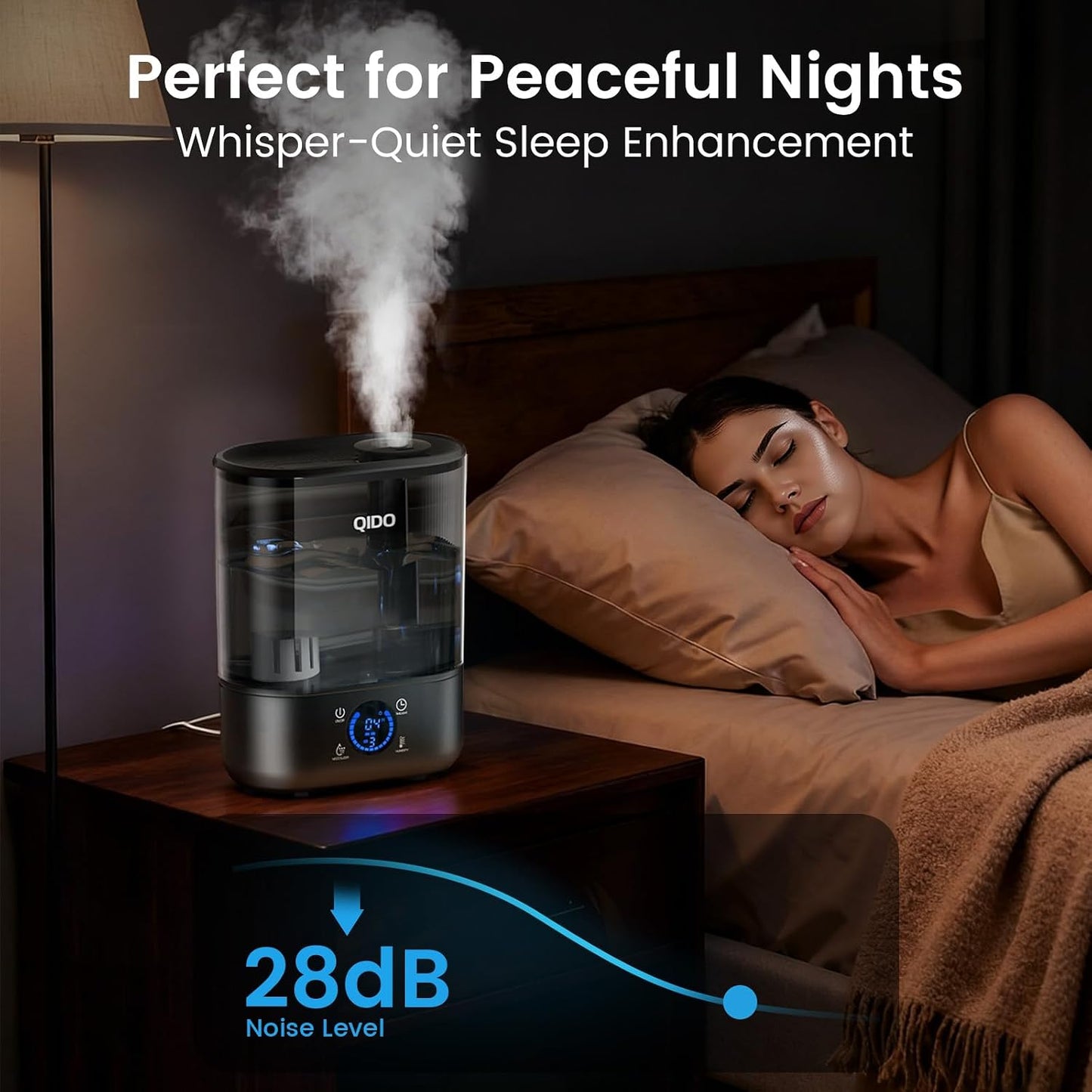 QIDO Top Fill Humidifiers for Bedroom, 5 L Cool Mist 36H Super Long Time, Quiet 28dB Essential Oil Diffuser for Baby & Plants, 3 Adjustable Mist with Touch/APP/7-color Nightlight, Auto Shut-off, White