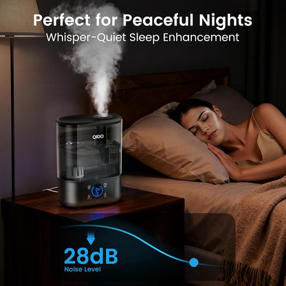 QIDO Top Fill Humidifiers for Bedroom, 5 L Cool Mist 36H Super Long Time, Quiet 28dB Essential Oil Diffuser for Baby & Plants, 3 Adjustable Mist with Touch/APP/7-color Nightlight, Auto Shut-off, White