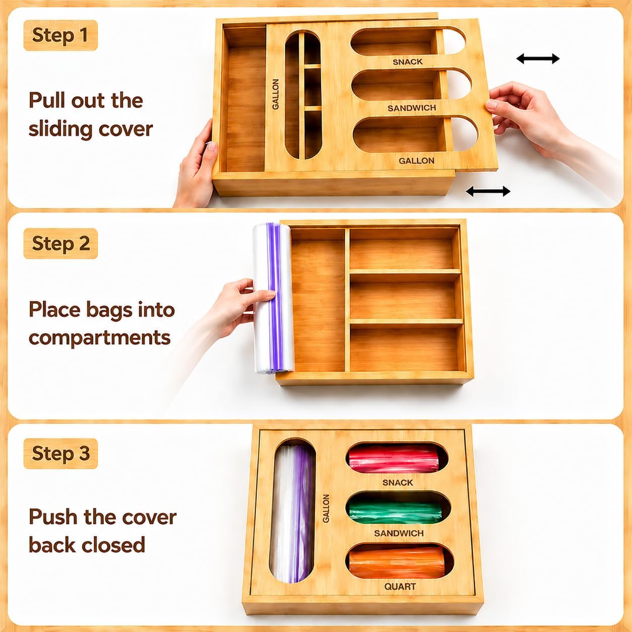 6-in-1 Bamboo Kitchen Drawer Organizer for Storage Bag, Foil & Plastic Wrap | Saran Wrap Dispenser with Cutter, Plastic & Grocery Bag Holder, Bamboo Drawer Organizer, Gallon/Quart Storage Bags